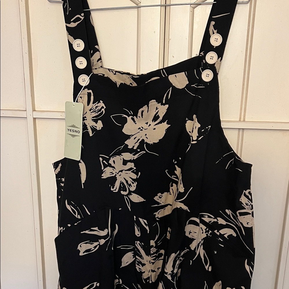 Floral Black and Cream Romper with Button Straps